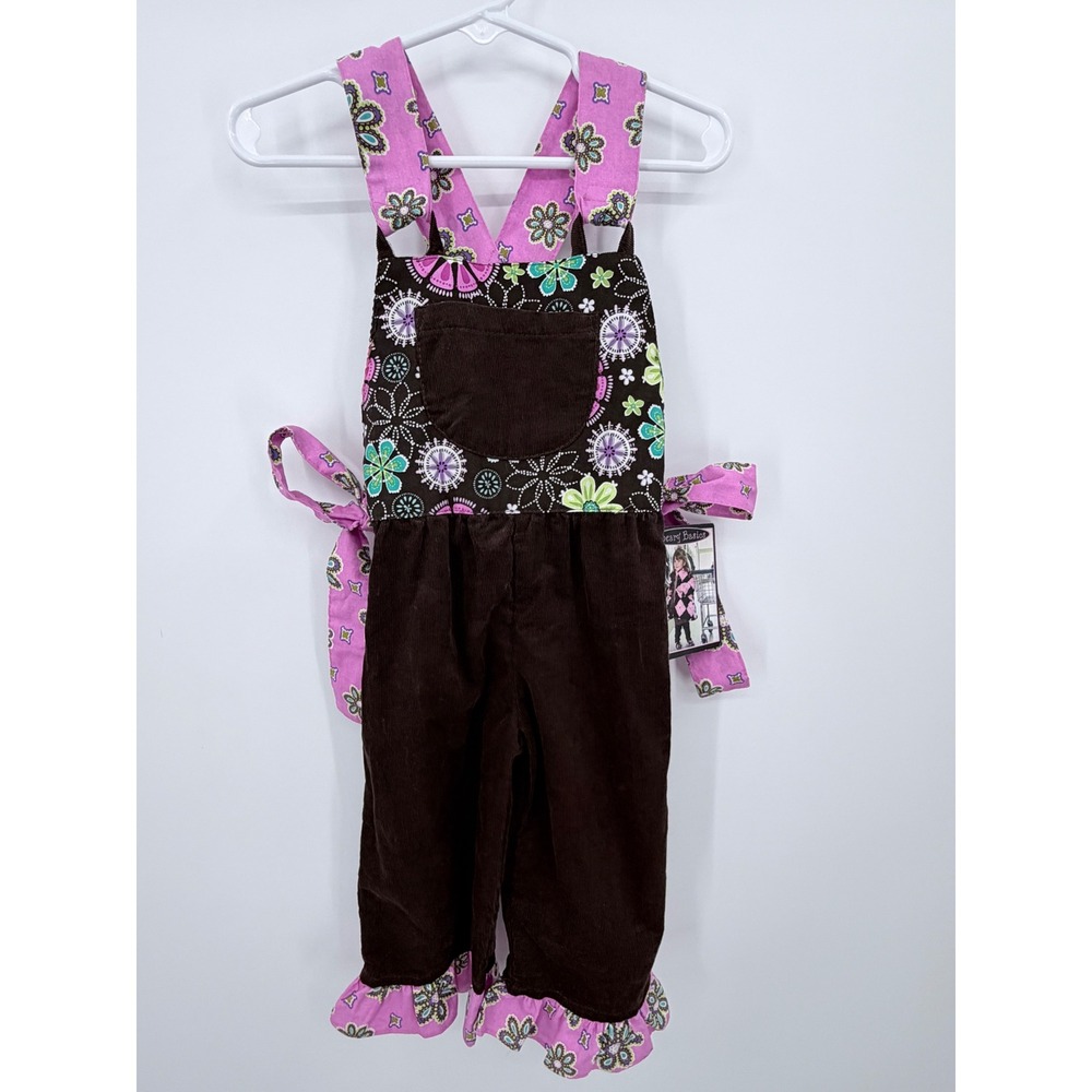 Beary Basics Overalls Girls 12M Brown Pink Floral Corduroy Ruffle Bows USA NWT